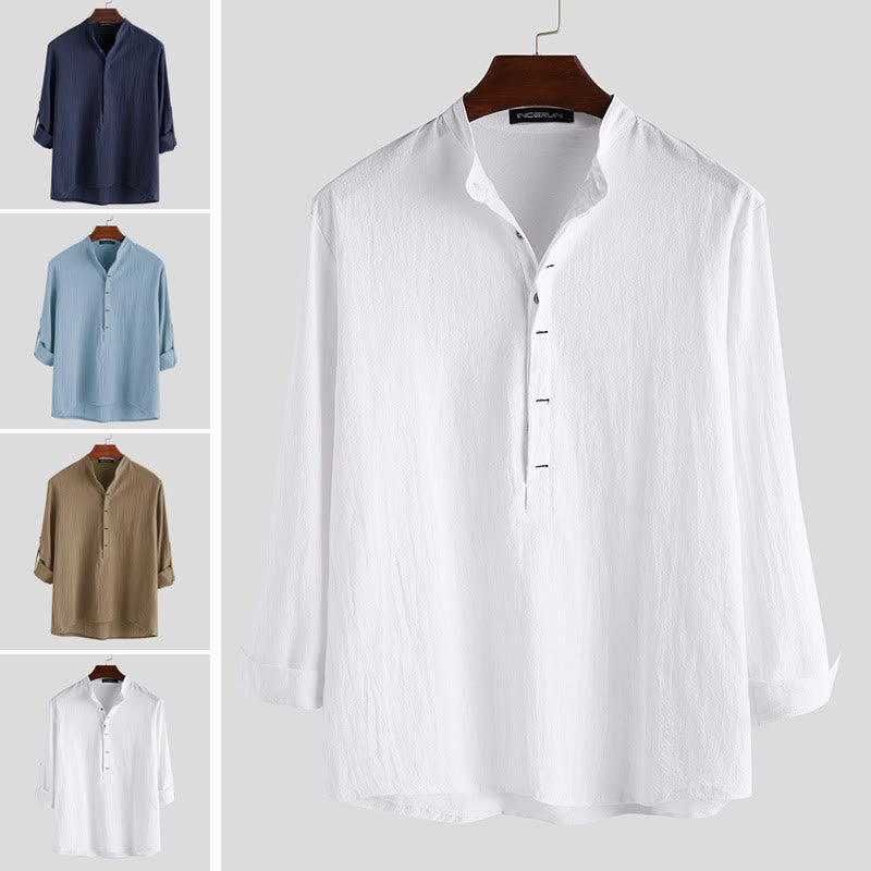 Solid Color Half Buttons Long Sleeve Cotton Linen Men's Shirts