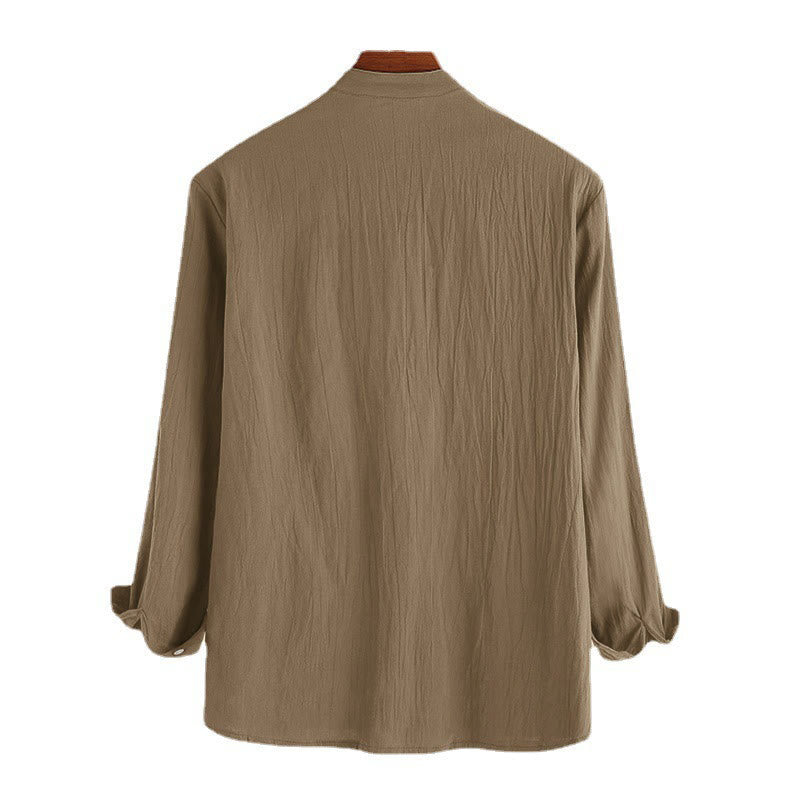Solid Color Half Buttons Long Sleeve Cotton Linen Men's Shirts