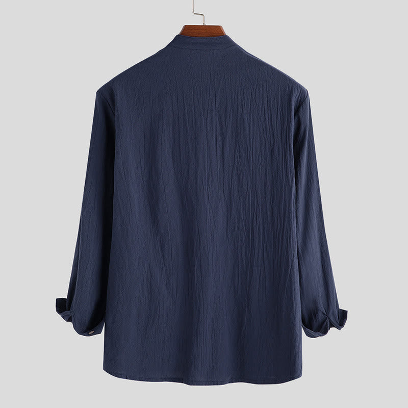 Solid Color Half Buttons Long Sleeve Cotton Linen Men's Shirts