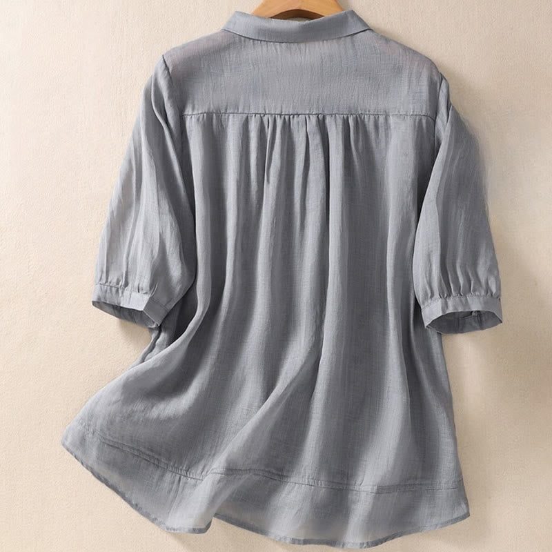 Summer Plain Button Embroidery Flower Pattern Three Quarter Sleeve Lapel Cotton Linen Women's Shirt