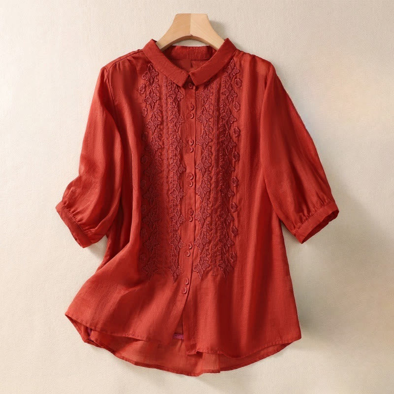 Summer Plain Button Embroidery Flower Pattern Three Quarter Sleeve Lapel Cotton Linen Women's Shirt