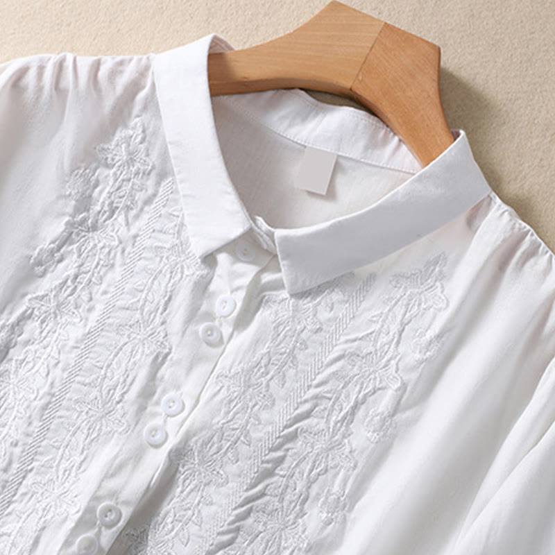 Summer Plain Button Embroidery Flower Pattern Three Quarter Sleeve Lapel Cotton Linen Women's Shirt