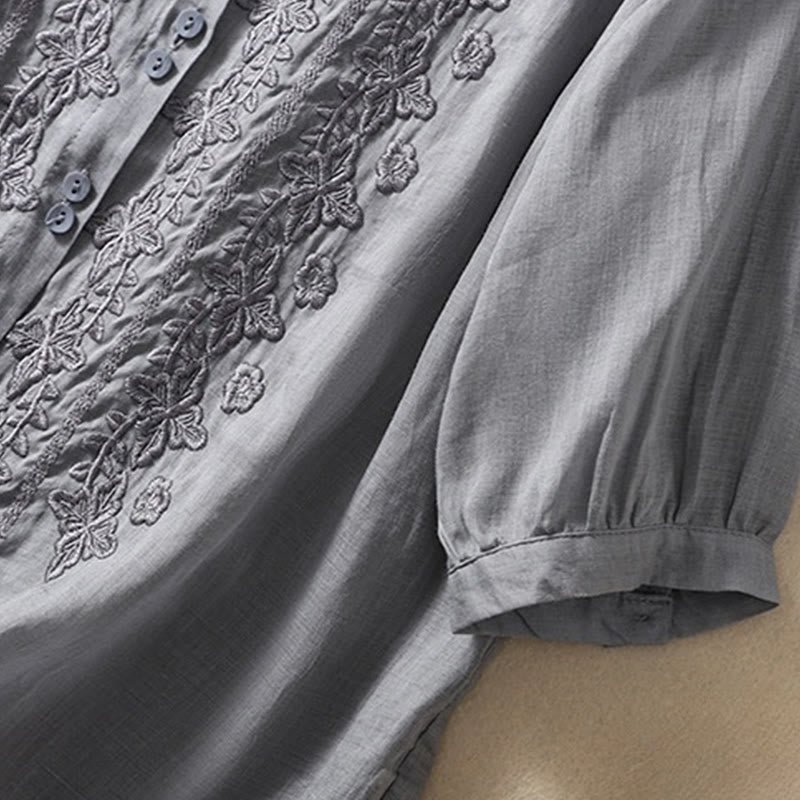 Summer Plain Button Embroidery Flower Pattern Three Quarter Sleeve Lapel Cotton Linen Women's Shirt
