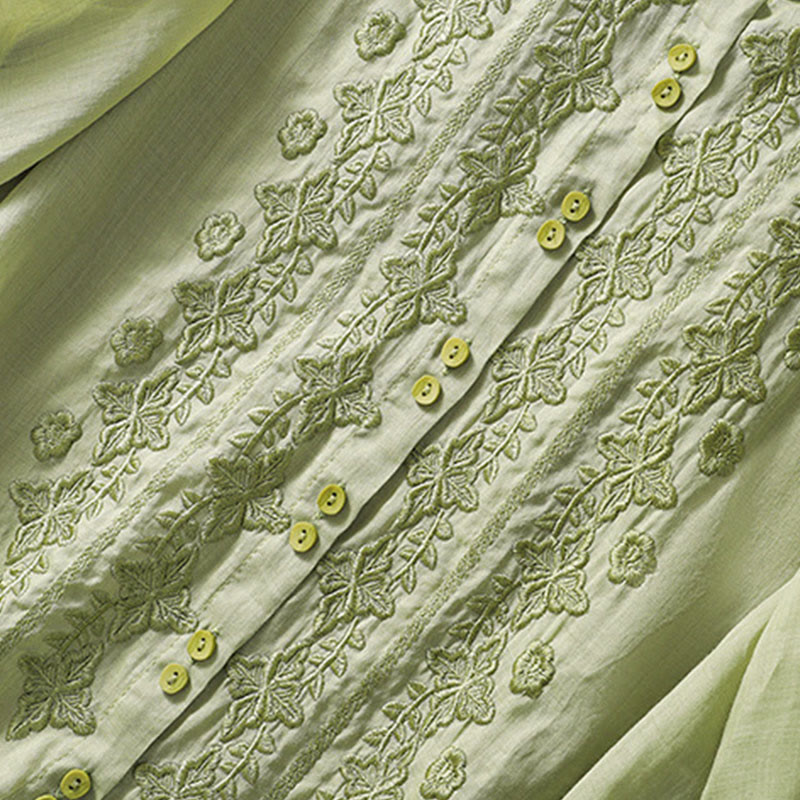 Summer Plain Button Embroidery Flower Pattern Three Quarter Sleeve Lapel Cotton Linen Women's Shirt