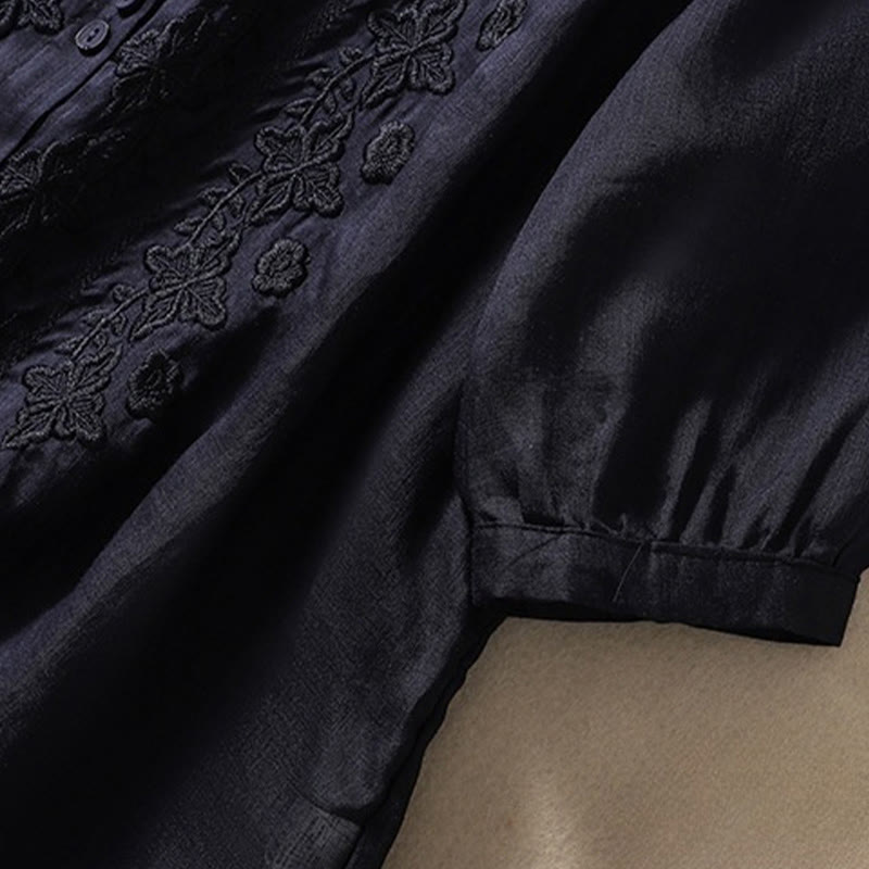 Summer Plain Button Embroidery Flower Pattern Three Quarter Sleeve Lapel Cotton Linen Women's Shirt