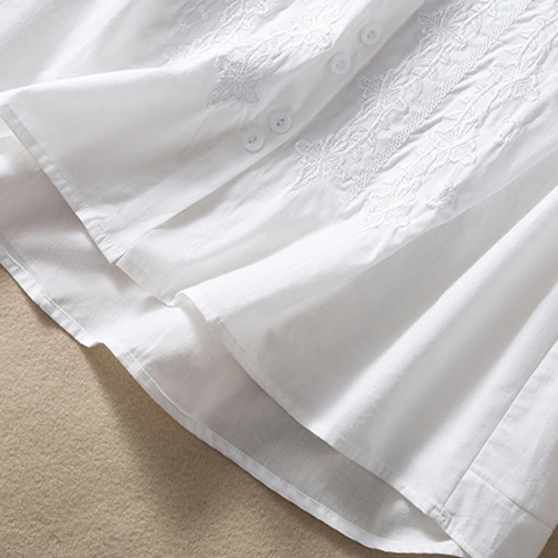 Summer Plain Button Embroidery Flower Pattern Three Quarter Sleeve Lapel Cotton Linen Women's Shirt