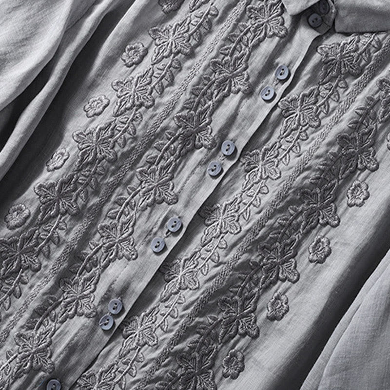 Summer Plain Button Embroidery Flower Pattern Three Quarter Sleeve Lapel Cotton Linen Women's Shirt