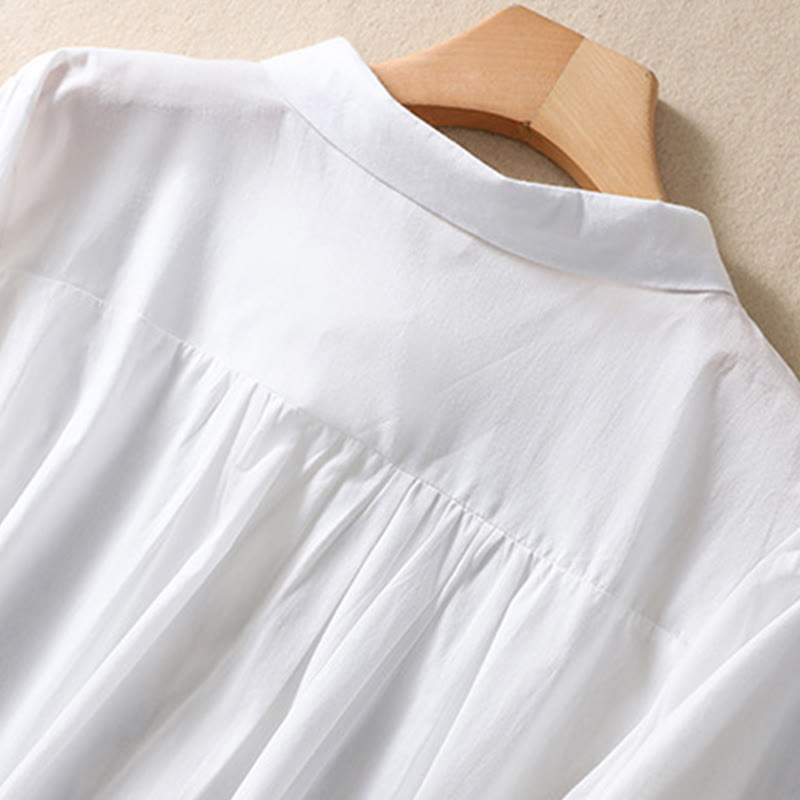 Summer Plain Button Embroidery Flower Pattern Three Quarter Sleeve Lapel Cotton Linen Women's Shirt