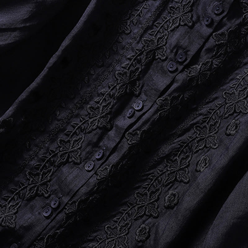 Summer Plain Button Embroidery Flower Pattern Three Quarter Sleeve Lapel Cotton Linen Women's Shirt