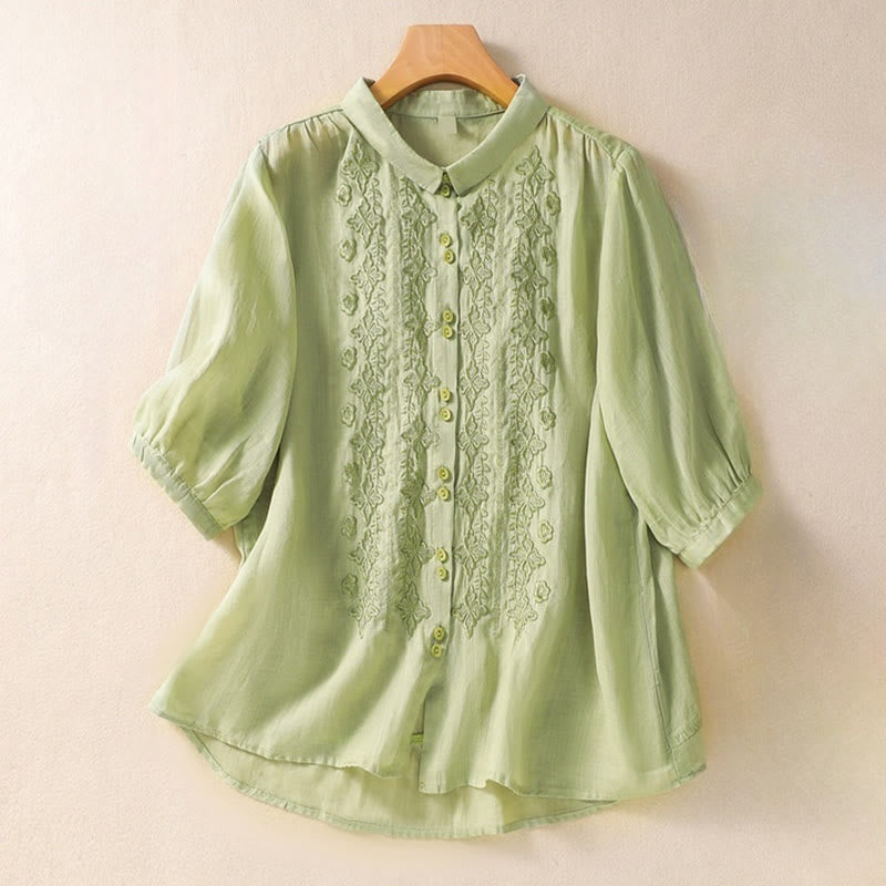 Summer Plain Button Embroidery Flower Pattern Three Quarter Sleeve Lapel Cotton Linen Women's Shirt
