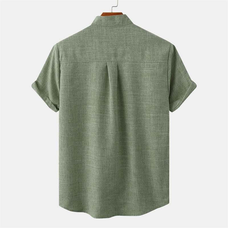Summer Men's Button Plain Short Sleeve Cotton Shirt With Pocket