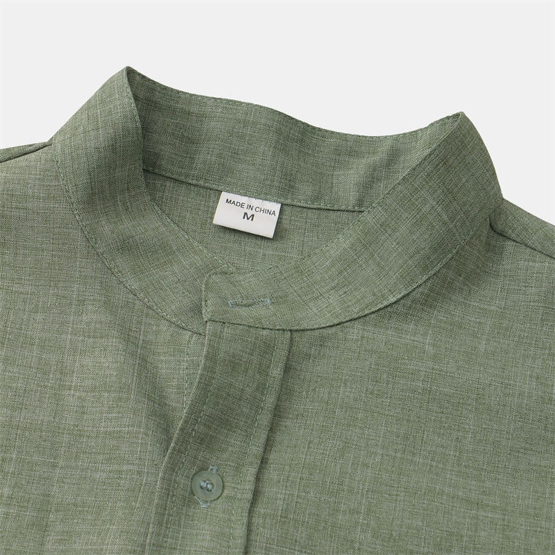 Summer Men's Button Plain Short Sleeve Cotton Shirt With Pocket
