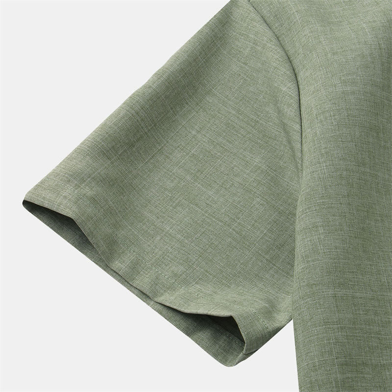Summer Men's Button Plain Short Sleeve Cotton Shirt With Pocket