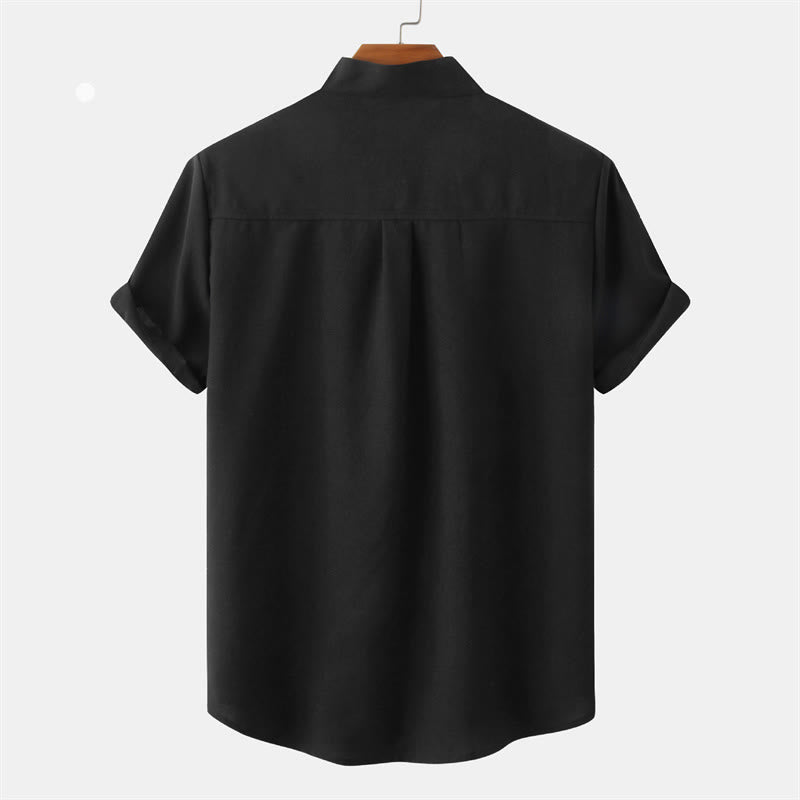 Summer Men's Button Plain Short Sleeve Cotton Shirt With Pocket