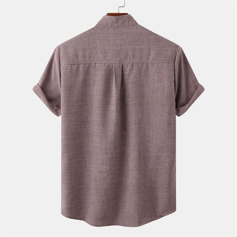 Summer Men's Button Plain Short Sleeve Cotton Shirt With Pocket