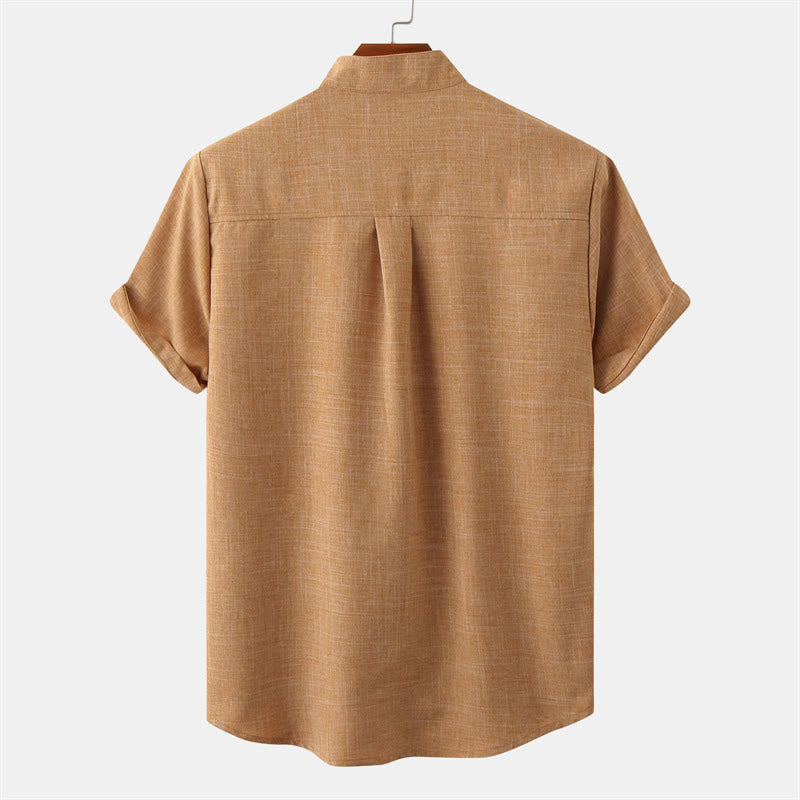 Summer Men's Button Plain Short Sleeve Cotton Shirt With Pocket