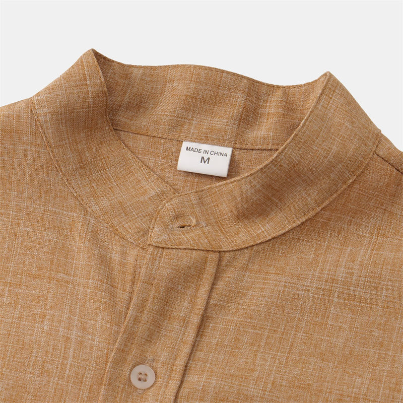 Summer Men's Button Plain Short Sleeve Cotton Shirt With Pocket