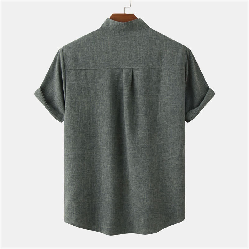 Summer Men's Button Plain Short Sleeve Cotton Shirt With Pocket
