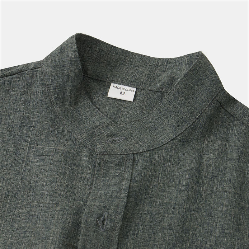 Summer Men's Button Plain Short Sleeve Cotton Shirt With Pocket