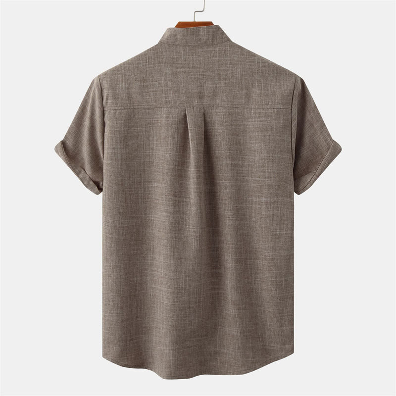 Summer Men's Button Plain Short Sleeve Cotton Shirt With Pocket