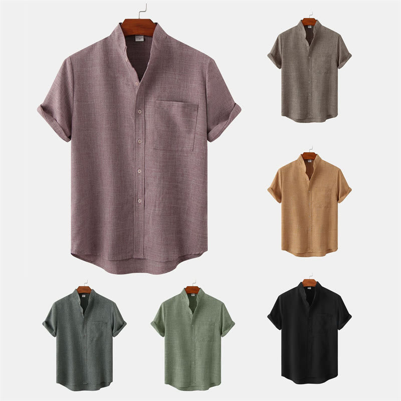 Summer Men's Button Plain Short Sleeve Cotton Shirt With Pocket