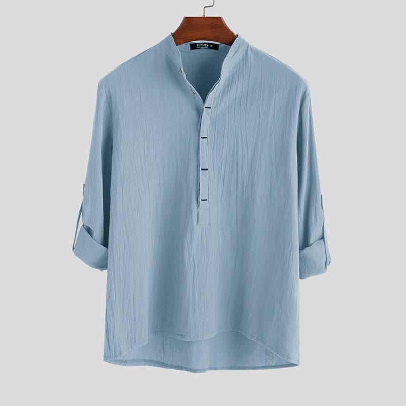 Solid Color Half Buttons Long Sleeve Cotton Linen Men's Shirts