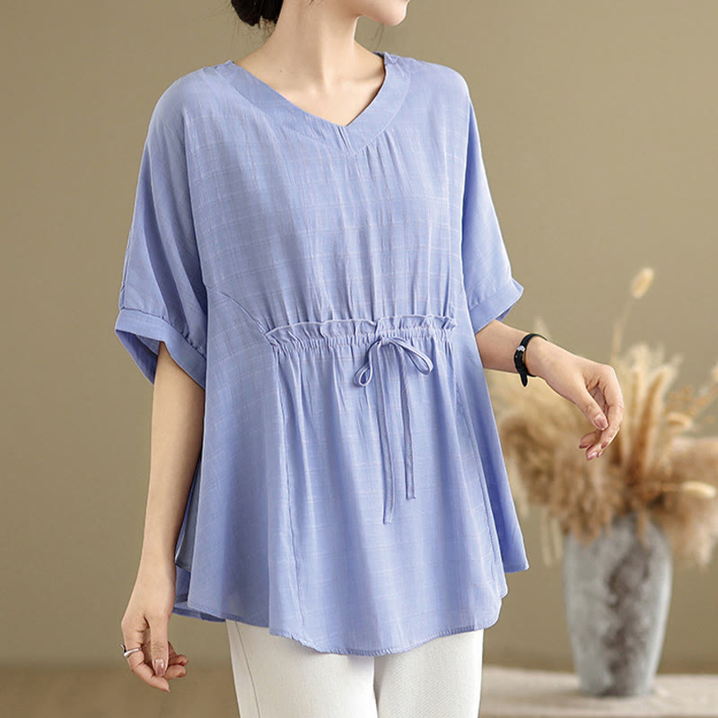 Linen-Blend Half-Sleeve V-Neck Meditation Tee