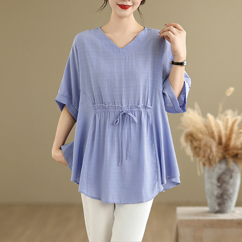 Linen-Blend Half-Sleeve V-Neck Meditation Tee