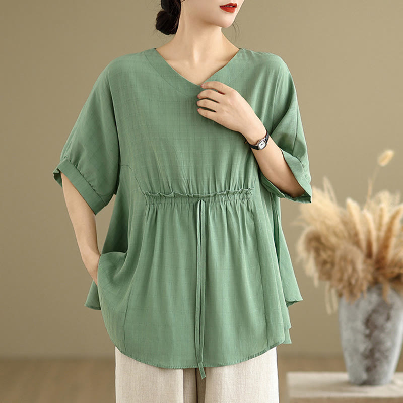 Linen-Blend Half-Sleeve V-Neck Meditation Tee