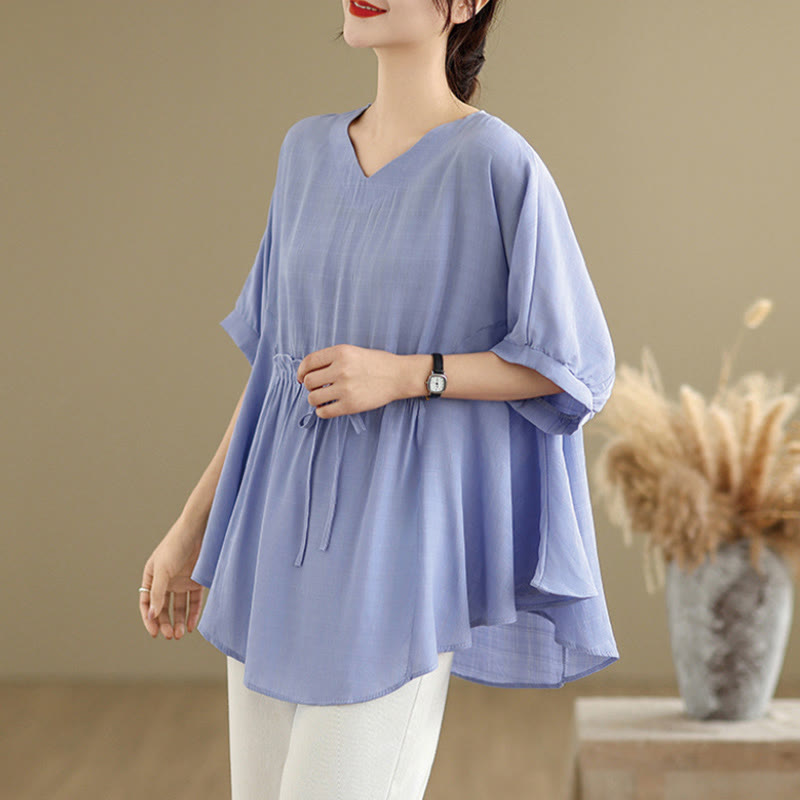 Linen-Blend Half-Sleeve V-Neck Meditation Tee