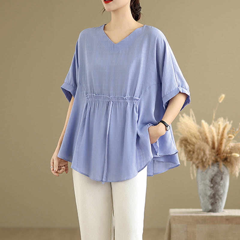 Linen-Blend Half-Sleeve V-Neck Meditation Tee
