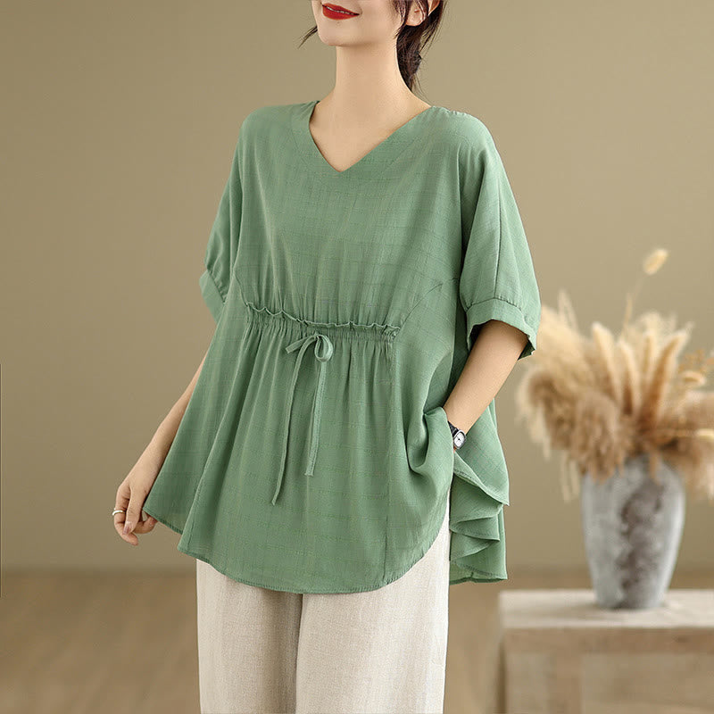 Linen-Blend Half-Sleeve V-Neck Meditation Tee