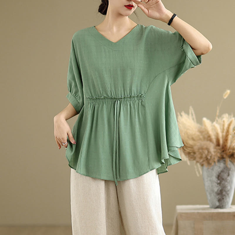 Linen-Blend Half-Sleeve V-Neck Meditation Tee