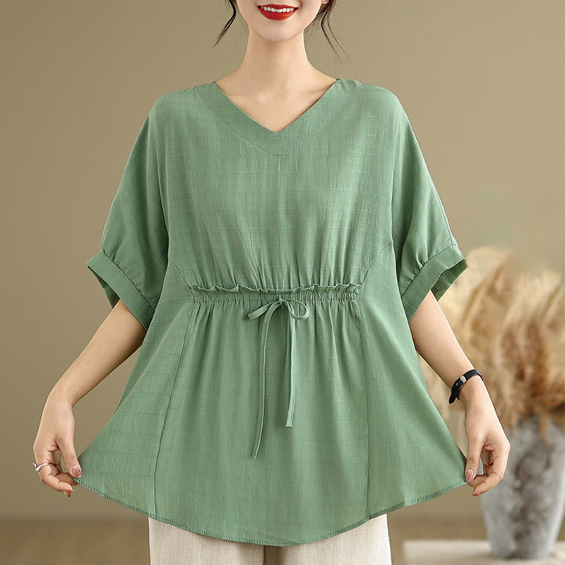 Linen-Blend Half-Sleeve V-Neck Meditation Tee
