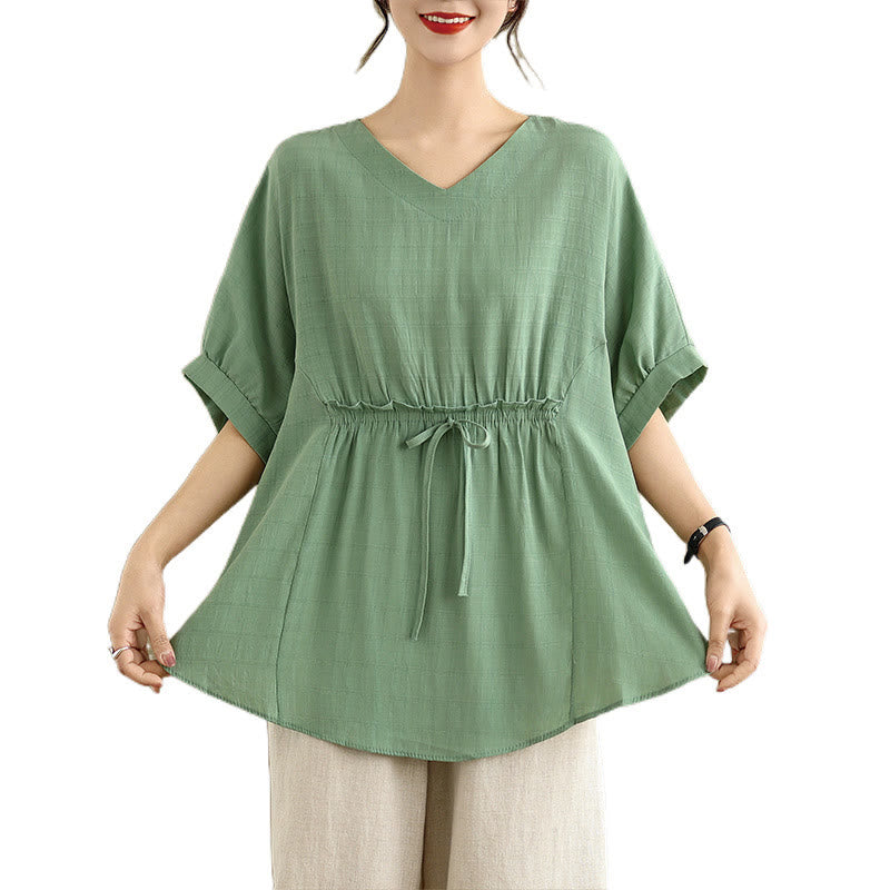 Linen-Blend Half-Sleeve V-Neck Meditation Tee