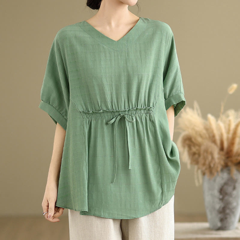Linen-Blend Half-Sleeve V-Neck Meditation Tee