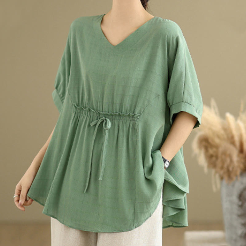 Linen-Blend Half-Sleeve V-Neck Meditation Tee