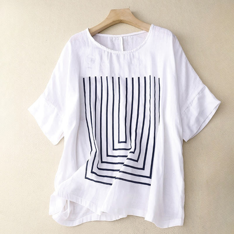 Casual Line Printing Pattern Short Sleeve Cotton Linen Women's T-Shirt