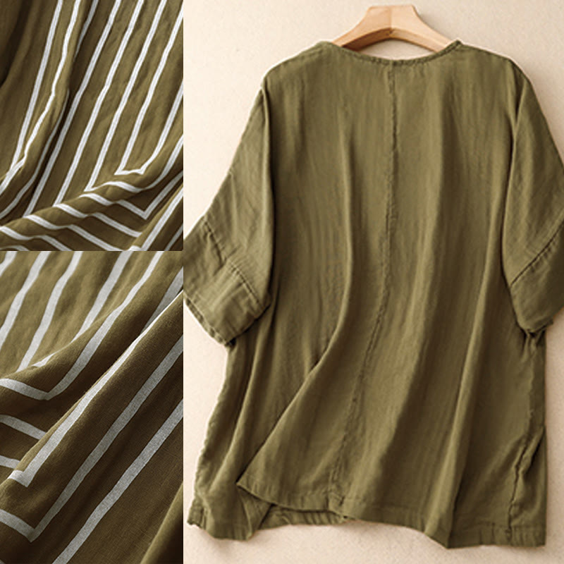 Casual Line Printing Pattern Short Sleeve Cotton Linen Women's T-Shirt