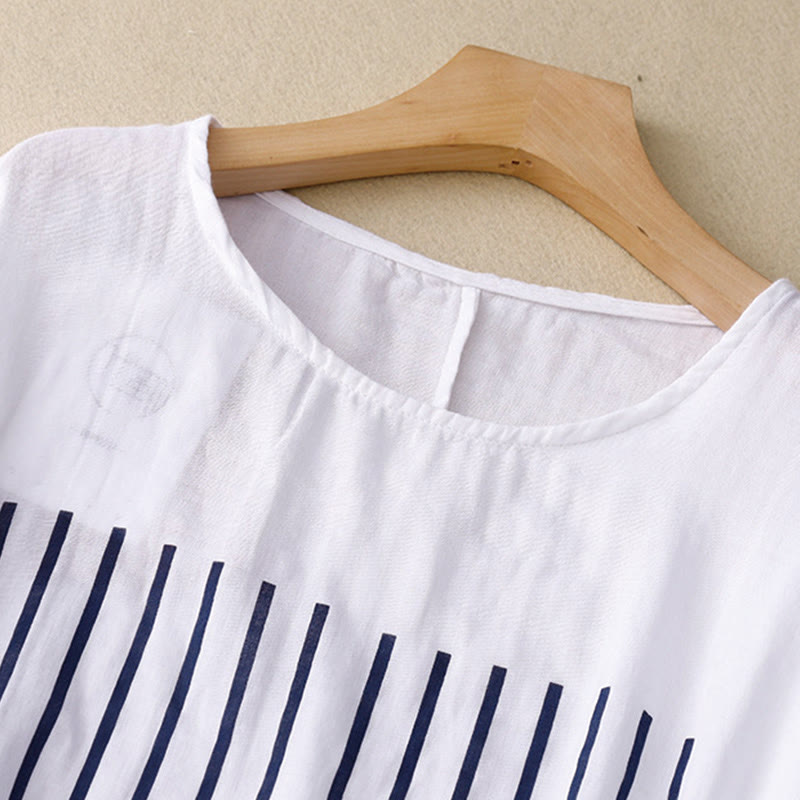 Casual Line Printing Pattern Short Sleeve Cotton Linen Women's T-Shirt