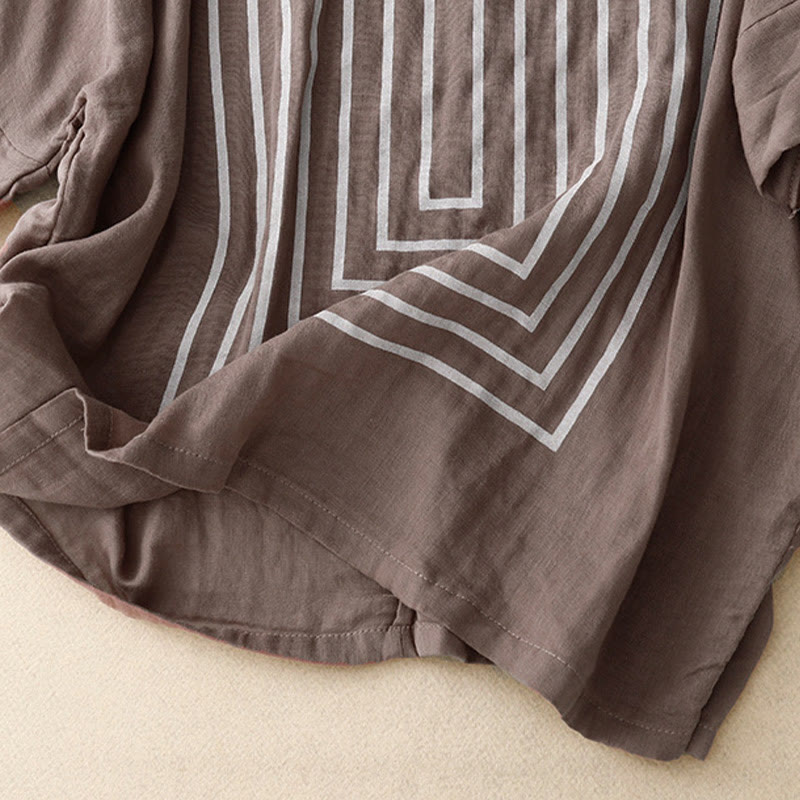 Casual Line Printing Pattern Short Sleeve Cotton Linen Women's T-Shirt