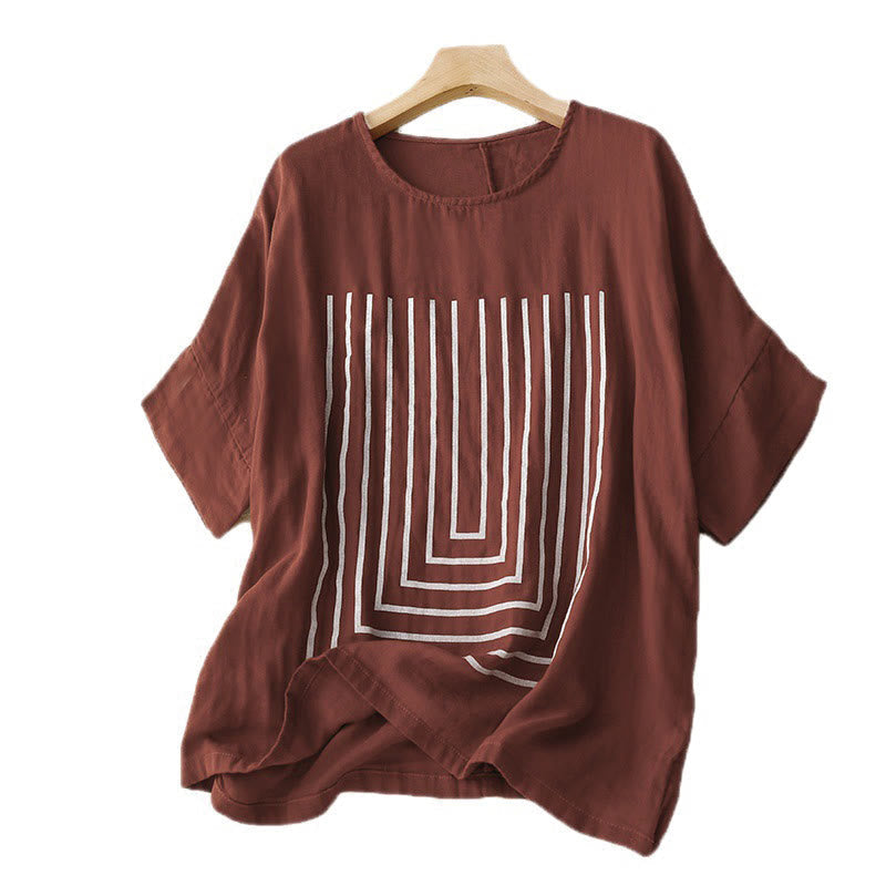 Casual Line Printing Pattern Short Sleeve Cotton Linen Women's T-Shirt