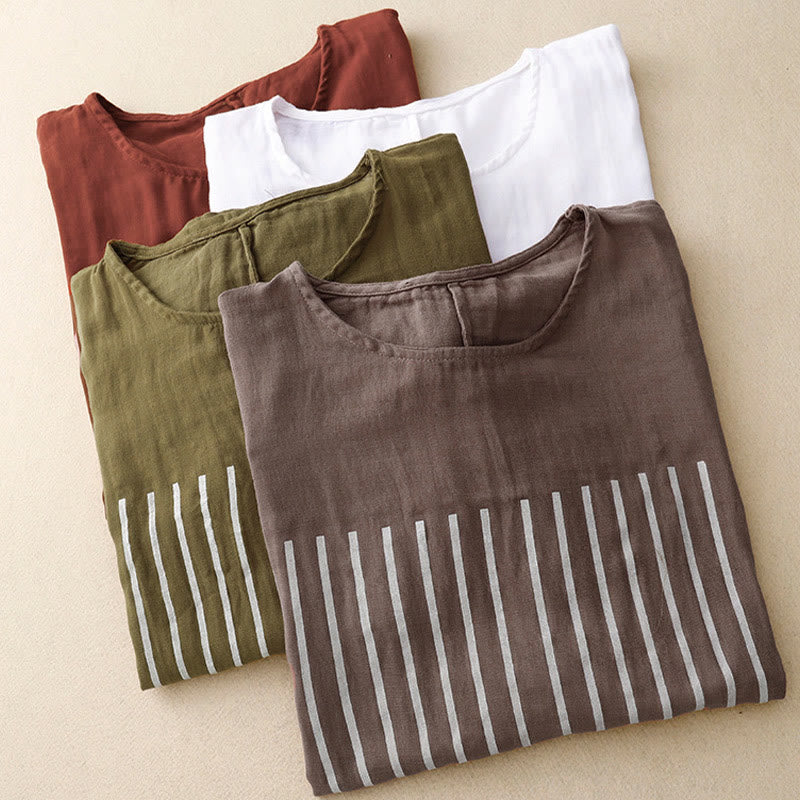 Casual Line Printing Pattern Short Sleeve Cotton Linen Women's T-Shirt