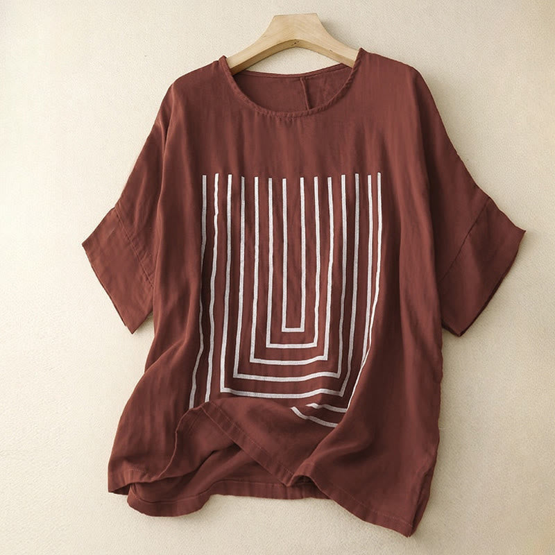 Casual Line Printing Pattern Short Sleeve Cotton Linen Women's T-Shirt