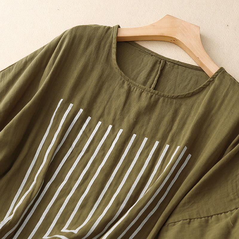 Casual Line Printing Pattern Short Sleeve Cotton Linen Women's T-Shirt