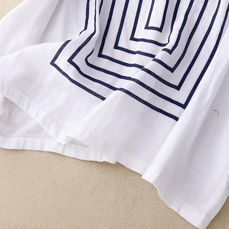 Casual Line Printing Pattern Short Sleeve Cotton Linen Women's T-Shirt
