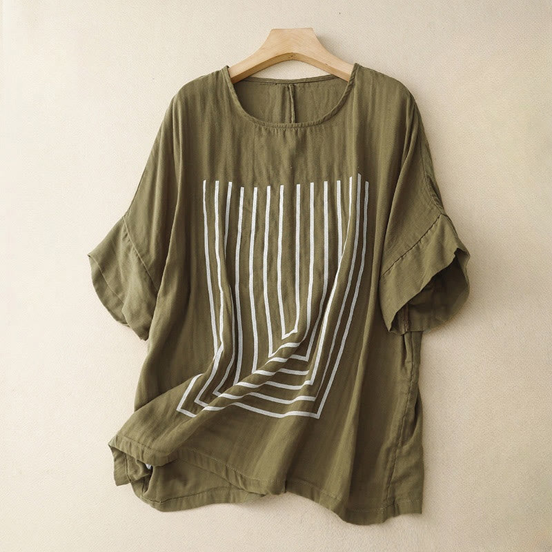 Casual Line Printing Pattern Short Sleeve Cotton Linen Women's T-Shirt