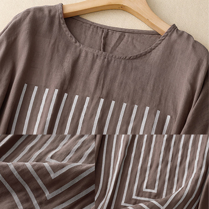 Casual Line Printing Pattern Short Sleeve Cotton Linen Women's T-Shirt