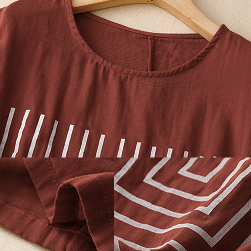 Casual Line Printing Pattern Short Sleeve Cotton Linen Women's T-Shirt
