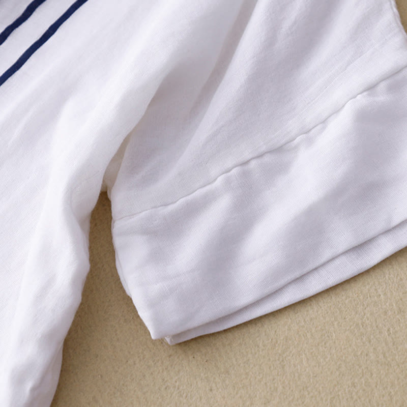 Casual Line Printing Pattern Short Sleeve Cotton Linen Women's T-Shirt